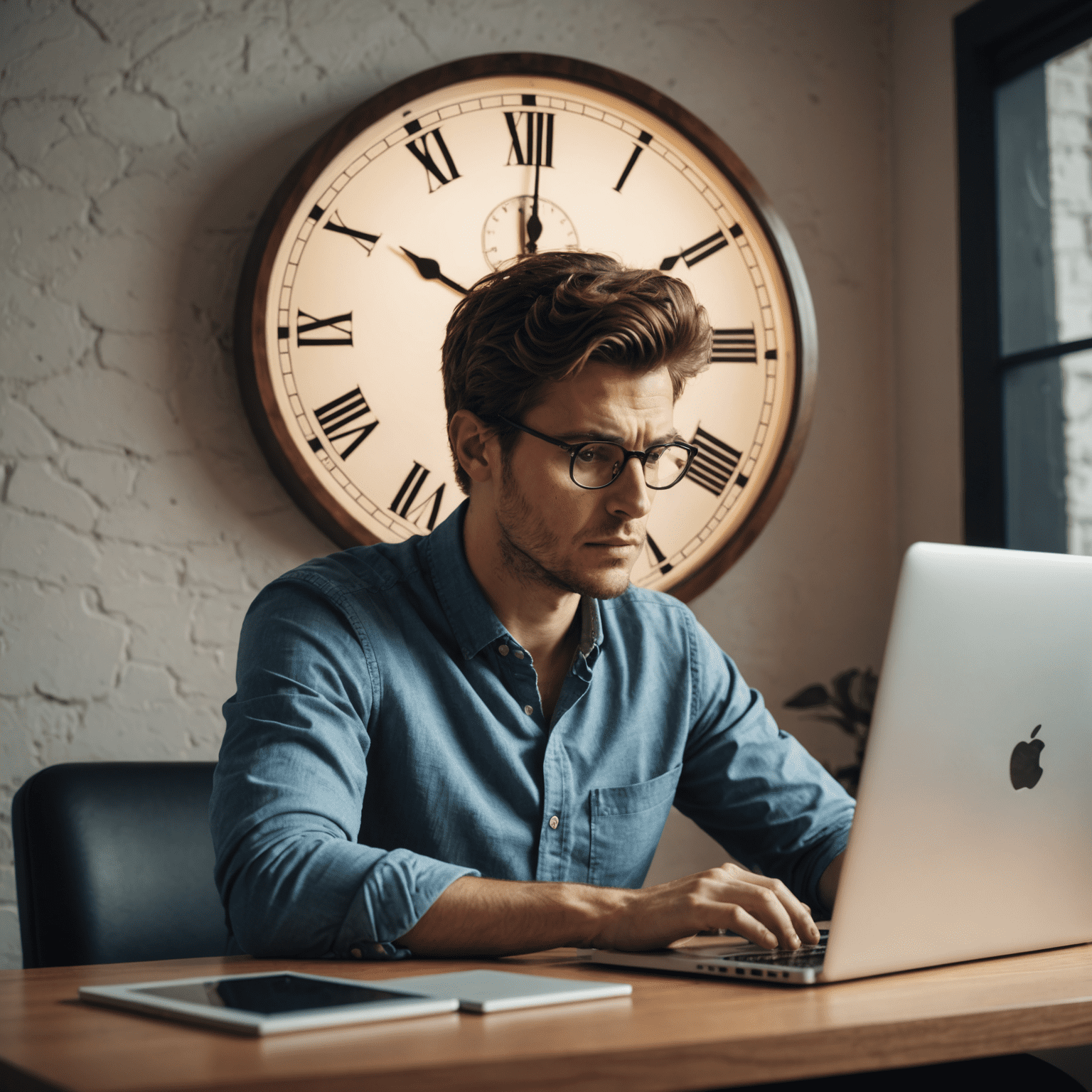 Eine Person, die vor einem Laptop sitzt und zögert, mit einer Uhr im Hintergrund, die die verstreichende Zeit symbolisiert