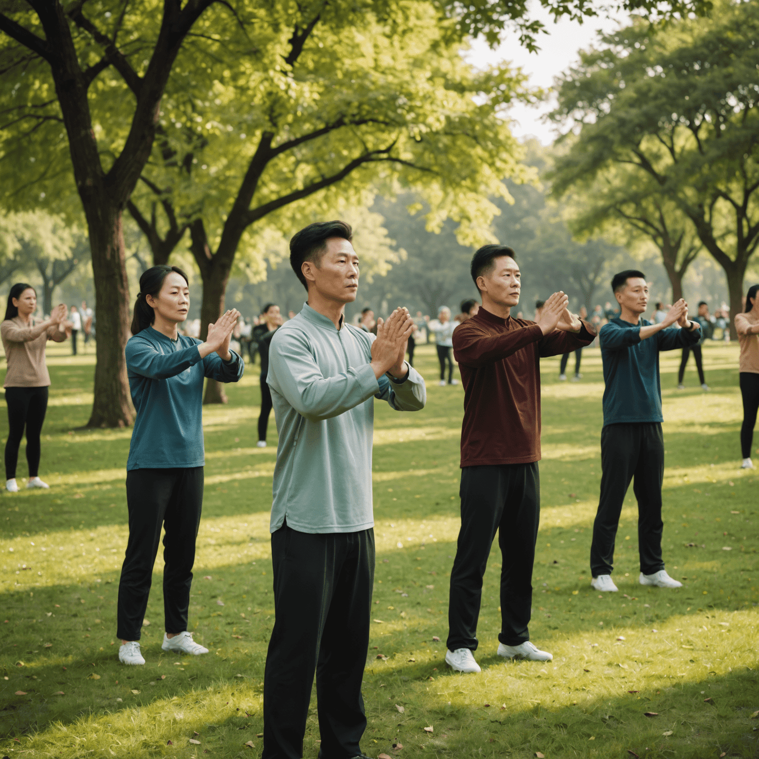 Eine Gruppe von Menschen, die Quigong in einem Park praktizieren